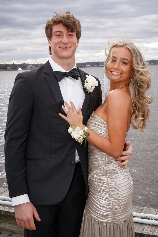 Beautiful Silver Strapless Mermaid Floor-Length Prom Dresses with Slit