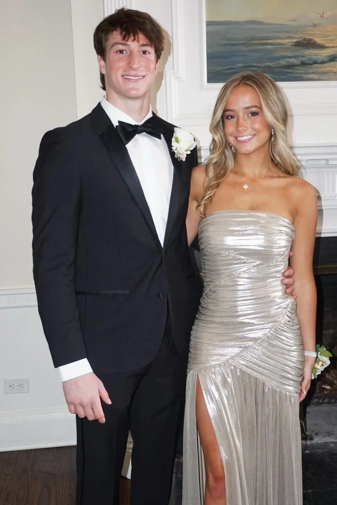 Beautiful Silver Strapless Mermaid Floor-Length Prom Dresses with Slit