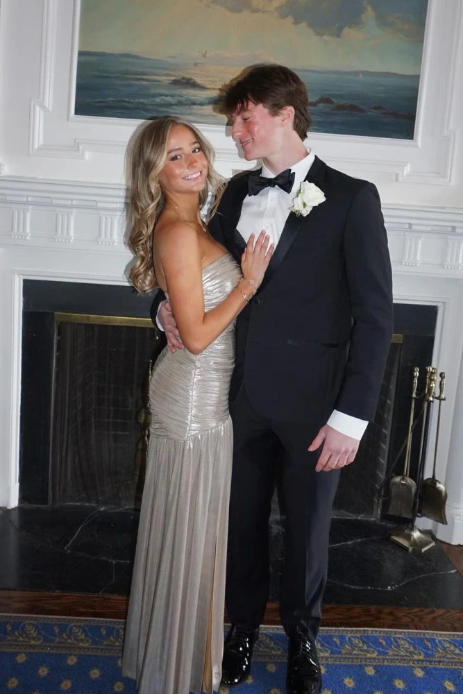 Beautiful Silver Strapless Mermaid Floor-Length Prom Dresses with Slit