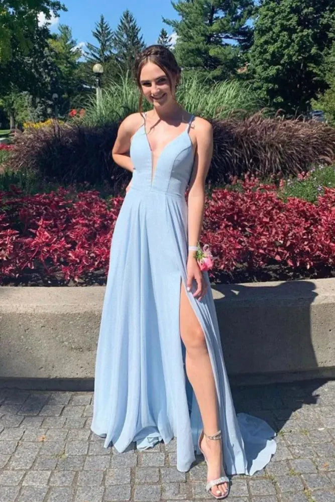 Sky Blue Spaghetti Straps A-Line Chiffon Formal Prom Dresses with Slit