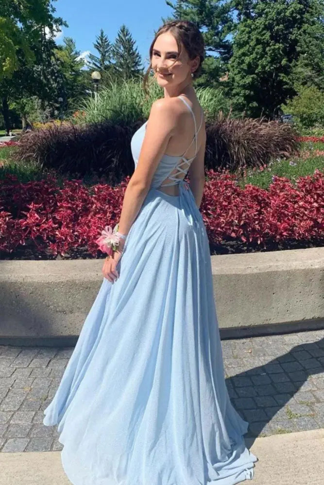 Sky Blue Spaghetti Straps A-Line Chiffon Formal Prom Dresses with Slit