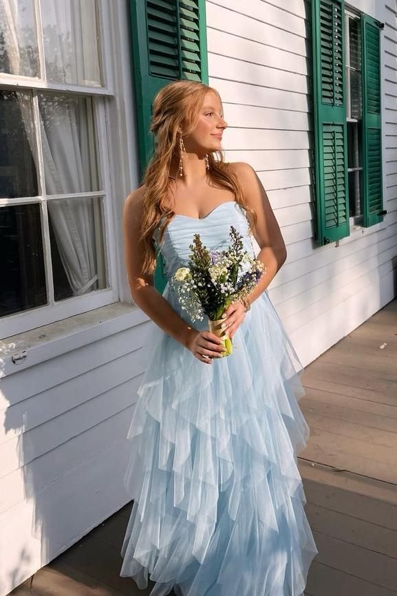 Classic Sky Blue Sweetheart A-Line Floor-Length Prom Dresses