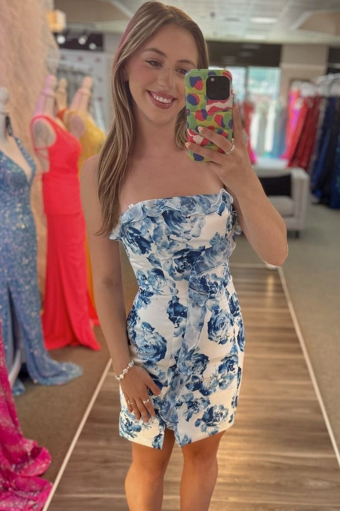 Blue Floral Print Strapless Sleeveless Short Homecoming Dresses