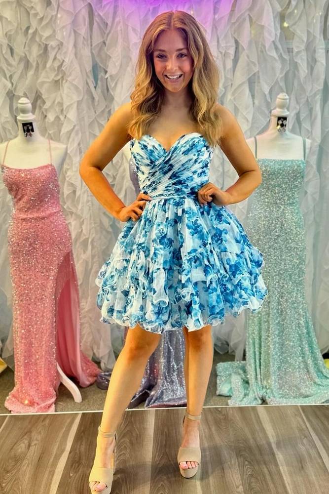 Floral Print Sweetheart Strapless A Line Short Homecoming Dresses