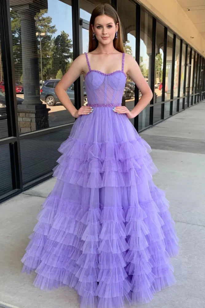 Feminine Spaghetti Straps A-Line Tulle Prom Evening Dresses with Ruffles