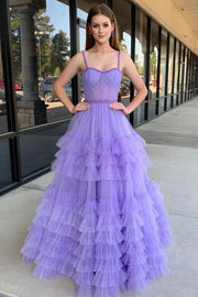 Feminine Spaghetti Straps A-Line Tulle Prom Evening Dresses with Ruffles