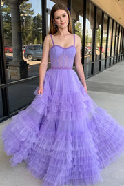 Feminine Spaghetti Straps A-Line Tulle Prom Evening Dresses with Ruffles