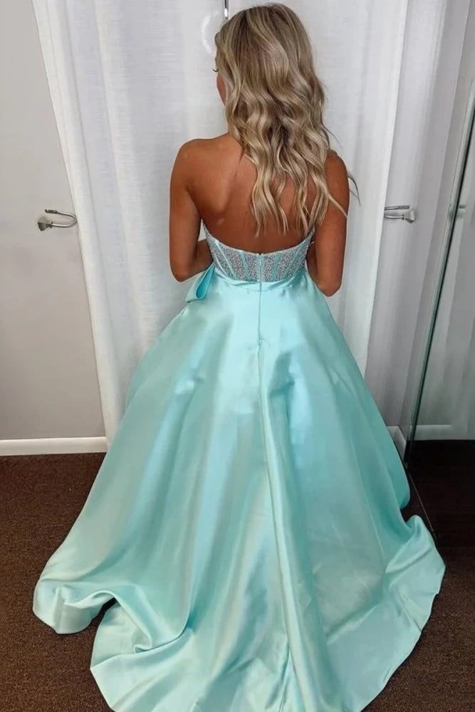 Mint Green Chic Strapless Ball Gown Satin Long Prom Party Dresses with Bow