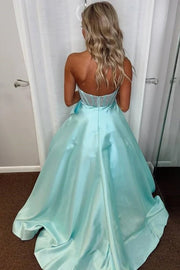 Mint Green Chic Strapless Ball Gown Satin Long Prom Party Dresses with Bow