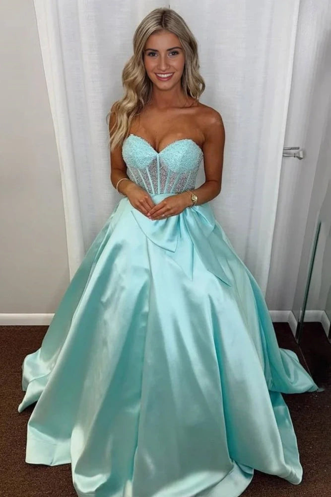Mint Green Chic Strapless Ball Gown Satin Long Prom Party Dresses with Bow