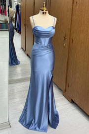 Stunning Sweep Train Sweetheart Spaghetti Straps Mermaid Satin Prom Dresses with Slit