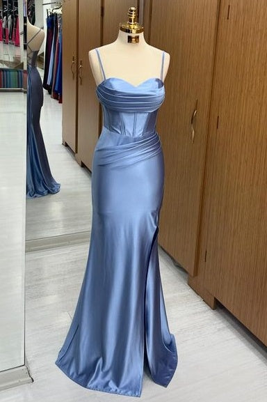 Stunning Sweep Train Sweetheart Spaghetti Straps Mermaid Satin Prom Dresses with Slit