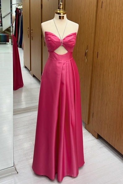 Stylish Halter Sleeveless Floor-Length A-Line Satin Prom Dresses