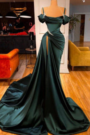 Stylish Spaghetti Straps Spaghetti Straps Mermaid Satin Split Front Prom Dresses