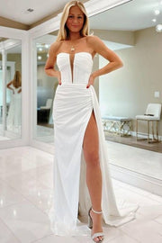 Stylish V-Neck Strapless Mermaid Satin Split Front Prom Dresses