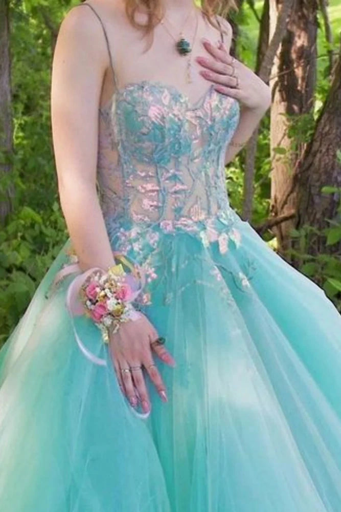 Sparkly Sweetheart A-Line Tulle Spaghetti Straps Party Dresses with Appliques