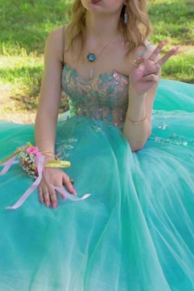 Sparkly Sweetheart A-Line Tulle Spaghetti Straps Party Dresses with Appliques