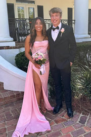 Pink Trendy Strapless Long Mermaid Satin Prom Dresses with Slit