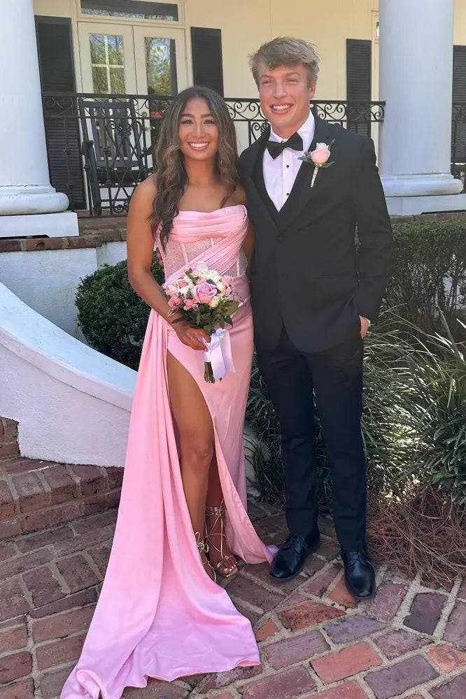 Pink Trendy Strapless Long Mermaid Satin Prom Dresses with Slit