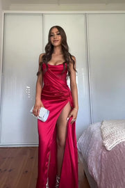 Red Trendy Strapless Long Mermaid Satin Prom Dresses with Slit