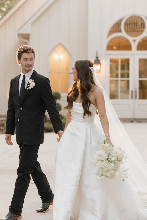 Trendy Strapless Satin A-Line Long Wedding Dresses
