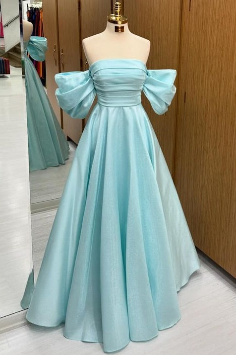 Trendy A-Line Floor-Length Off-The-Shoulder Satin Prom Dresses