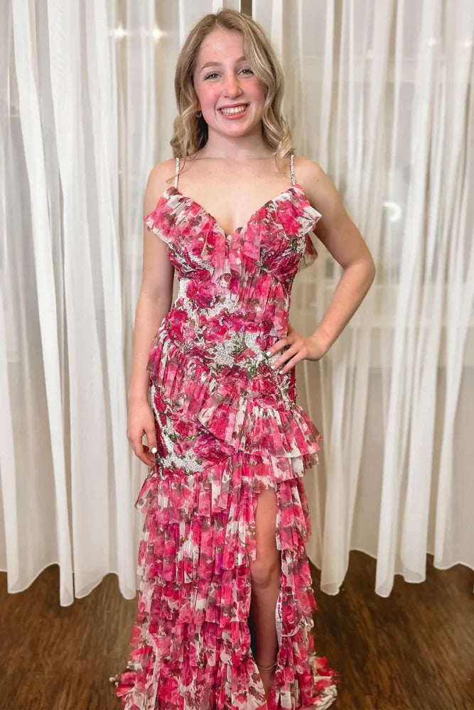 Beautiful V-Neck Sleeveless Mermaid Print Floral Prom Dresses