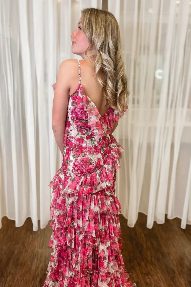 Beautiful V-Neck Sleeveless Mermaid Print Floral Prom Dresses