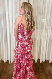 Beautiful V-Neck Sleeveless Mermaid Print Floral Prom Dresses