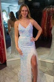 Luxurious V-Neck Spaghetti Straps Mermaid Sequin Evening Dresses with Slit