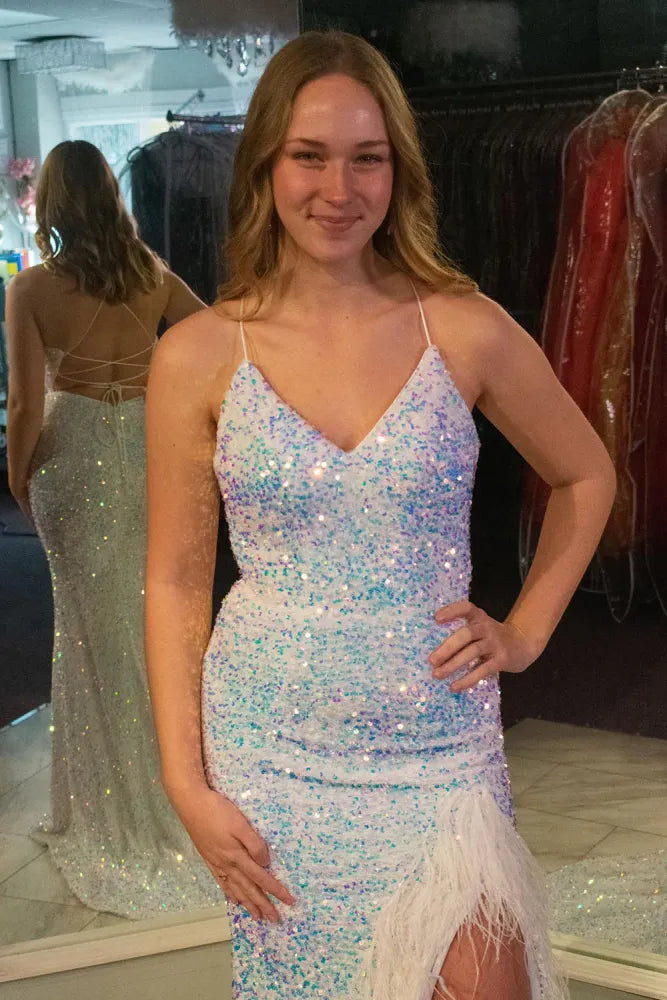 Luxurious V-Neck Spaghetti Straps Mermaid Sequin Evening Dresses with Slit
