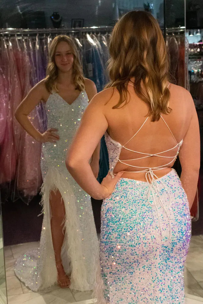 Luxurious V-Neck Spaghetti Straps Mermaid Sequin Evening Dresses with Slit