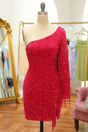 Red Beaded One-Shoulder Long Sleeves Tight Homecoming Dresses with Tassels