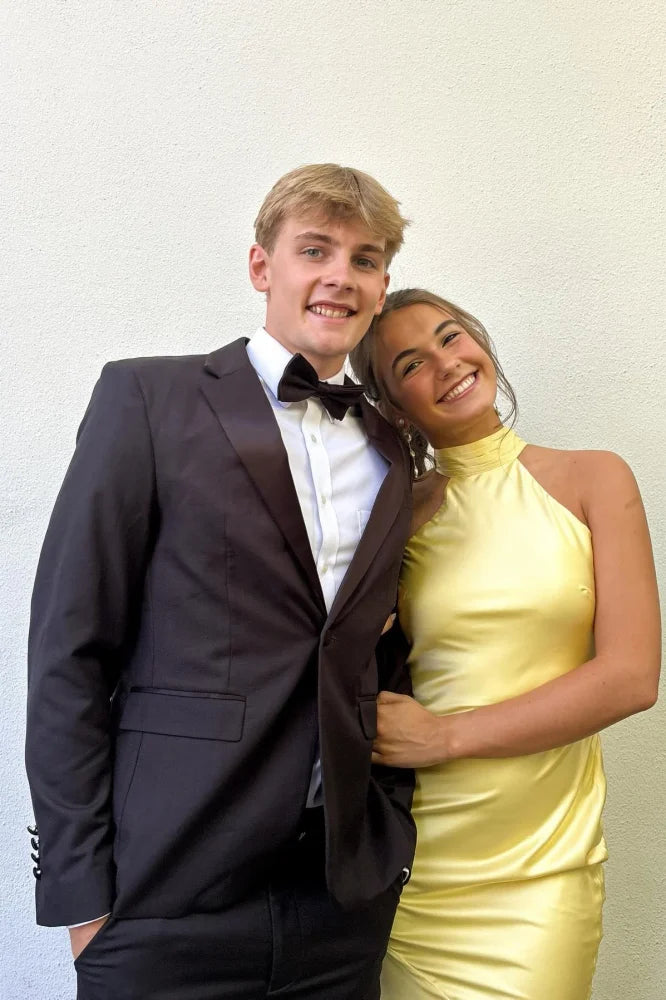 Elegant Yellow Ankle-Length Mermaid Crew Neck Prom Dresses with Open Back