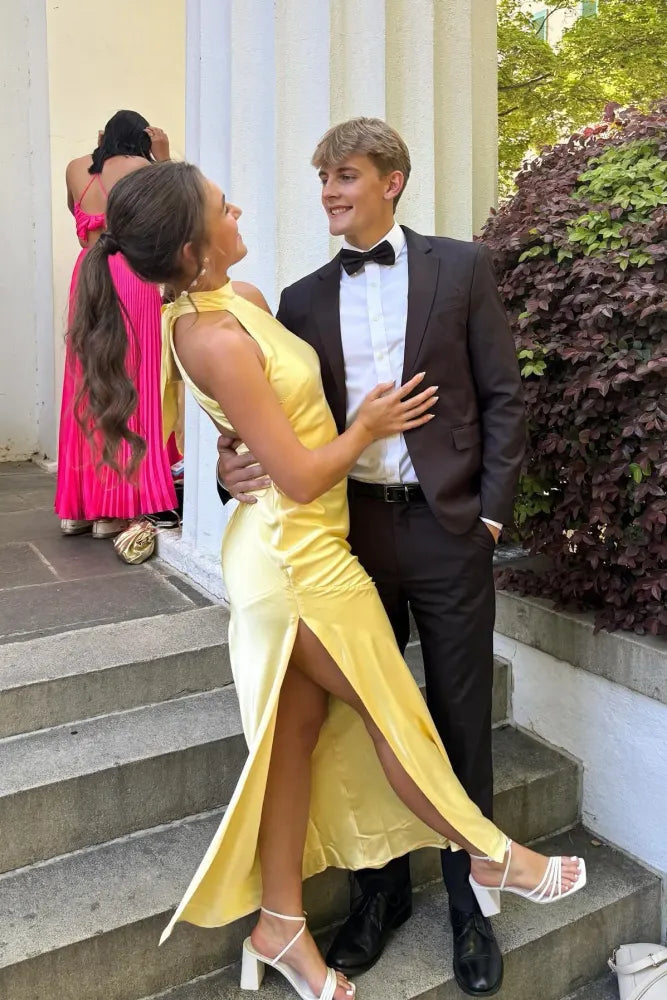 Elegant Yellow Ankle-Length Mermaid Crew Neck Prom Dresses with Open Back