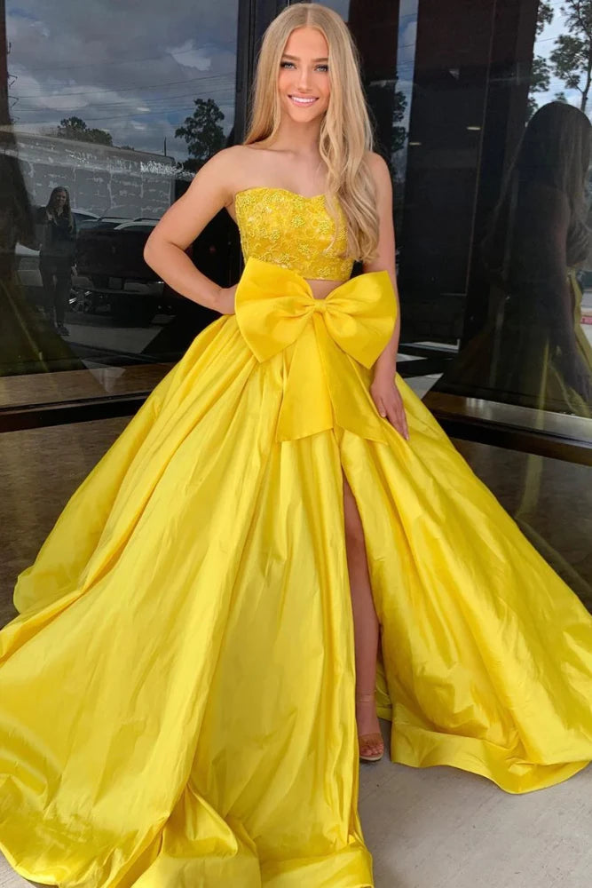 Fancy Yellow Long A-Line Satin Strapless Prom Dresses with Slit
