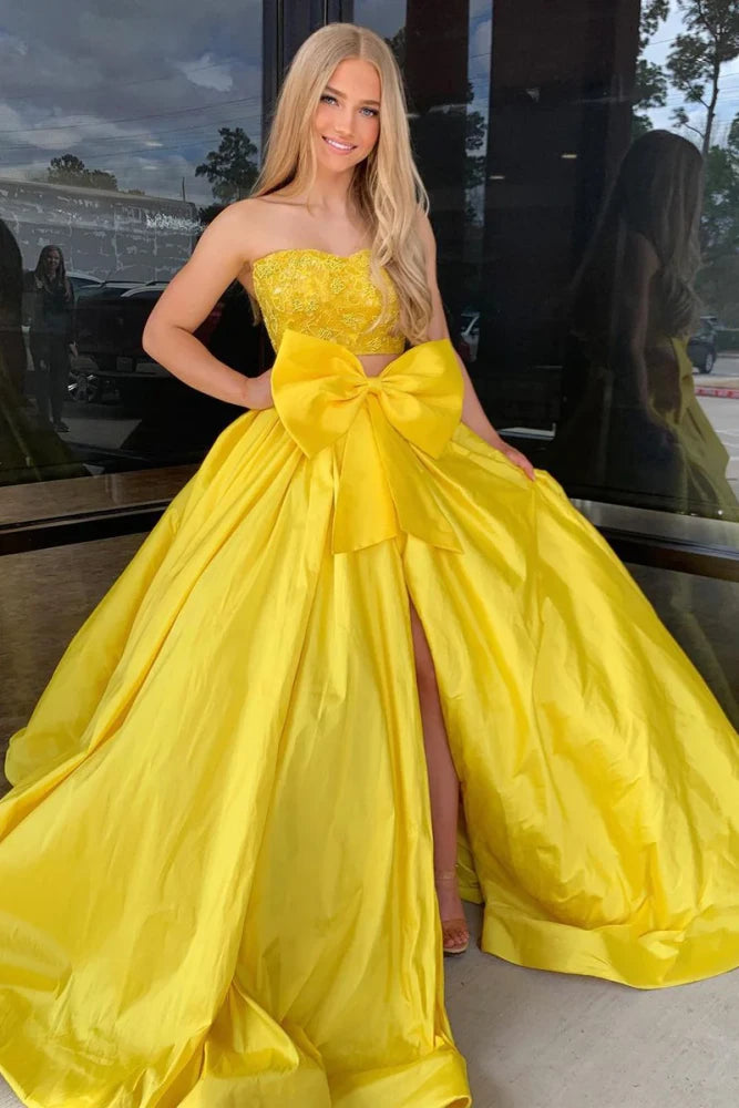 Fancy Yellow Long A-Line Satin Strapless Prom Dresses with Slit