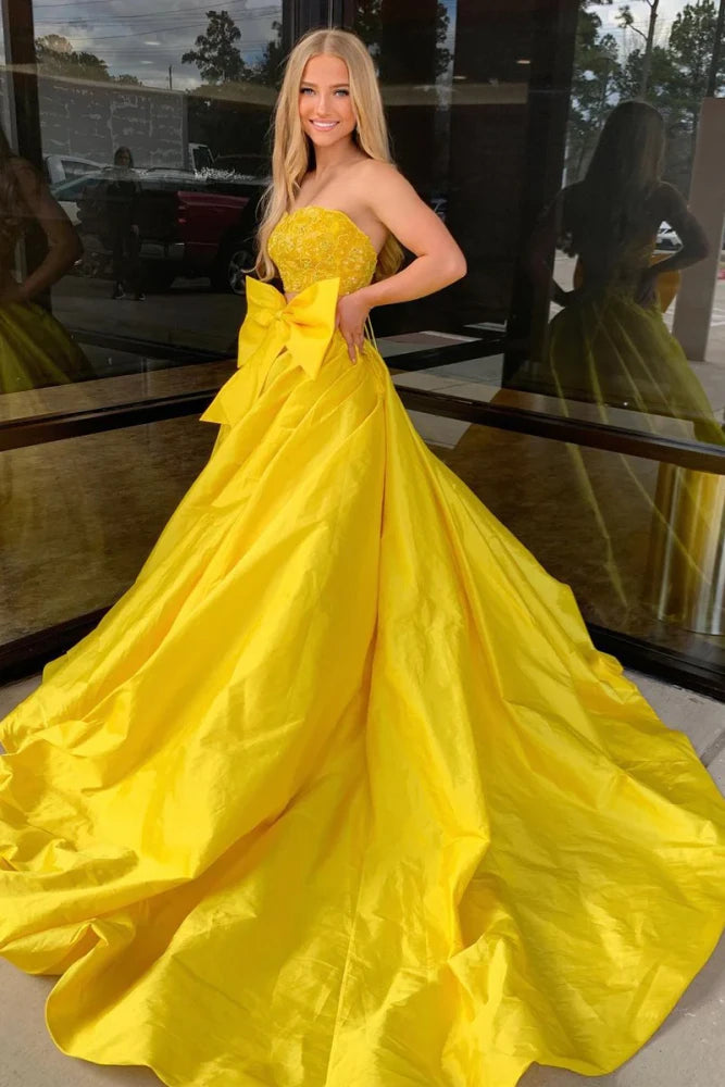 Fancy Yellow Long A-Line Satin Strapless Prom Dresses with Slit