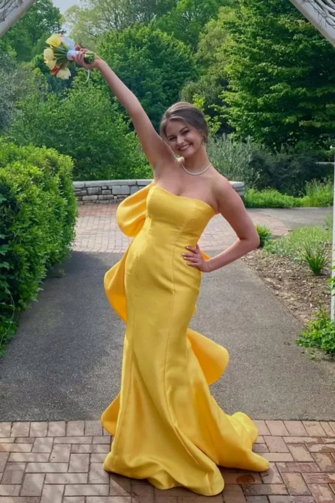 Stylish Yellow Satin Mermaid Strapless Formal Prom Dresses with Ruffles