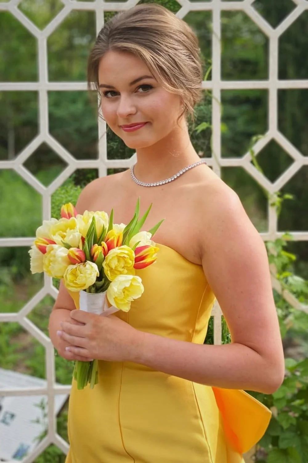 Stylish Yellow Satin Mermaid Strapless Formal Prom Dresses with Ruffles