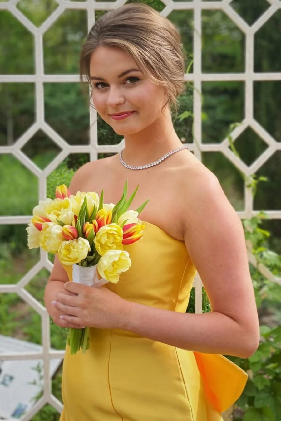 Stylish Yellow Satin Mermaid Strapless Formal Prom Dresses with Ruffles