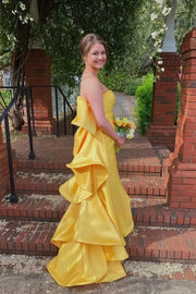 Stylish Yellow Satin Mermaid Strapless Formal Prom Dresses with Ruffles
