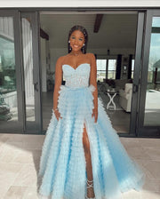 Sky Blue Sweetheart Ruffles A-Line Tulle Formal Dresses with Slit