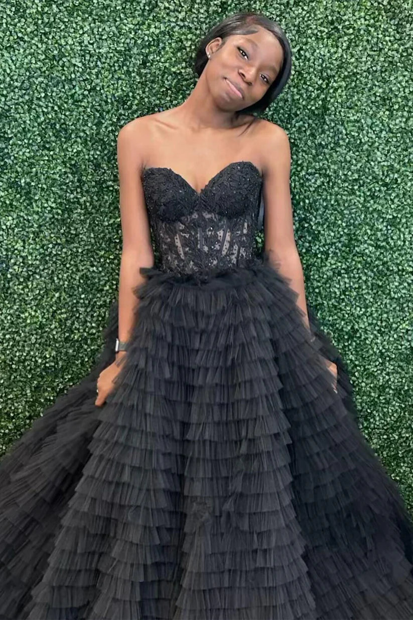 Black Sweetheart Ruffles A-Line Tulle Formal Dresses with Slit