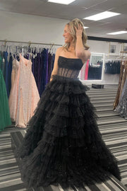 Black Strapless A-Line Tulle Prom Dresses with  Ruffles