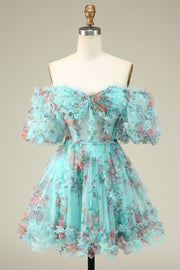 Mint Green Sweetheart Short Sleeves Floral Print A-Line Homecoming Dresses