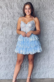 Light Blue Spaghetti Straps Sleeveless V-Neck A-Line Sequins Homecoming Dresses