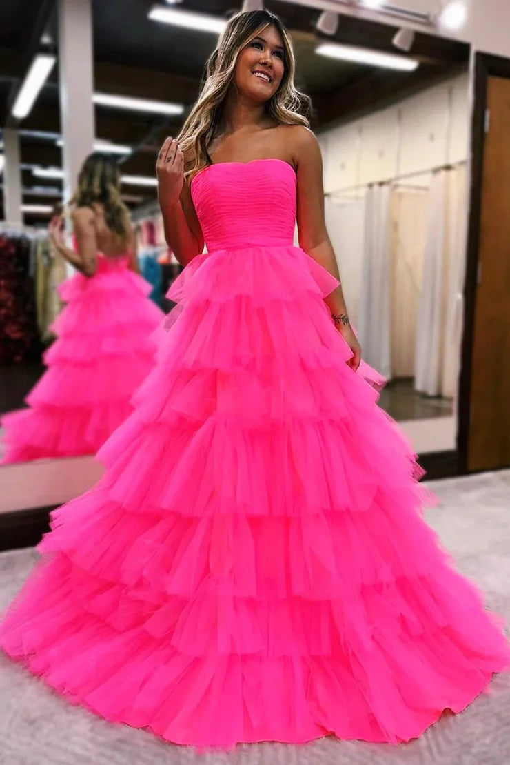 Fuchsia Tiered Strapless Sweetheart A-Line Ruffles Tulle Long Prom Dresses