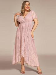 Cute Plus Size Ruffled V-Neck A-Line Lace Wedding Guest Dress with Short Sleeves