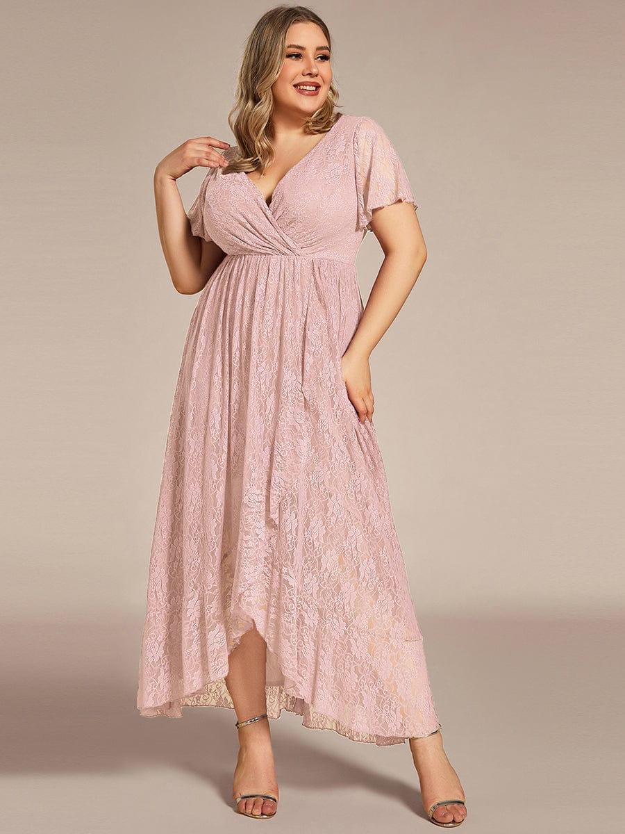 Cute Plus Size Ruffled V-Neck A-Line Lace Wedding Guest Dress with Short Sleeves